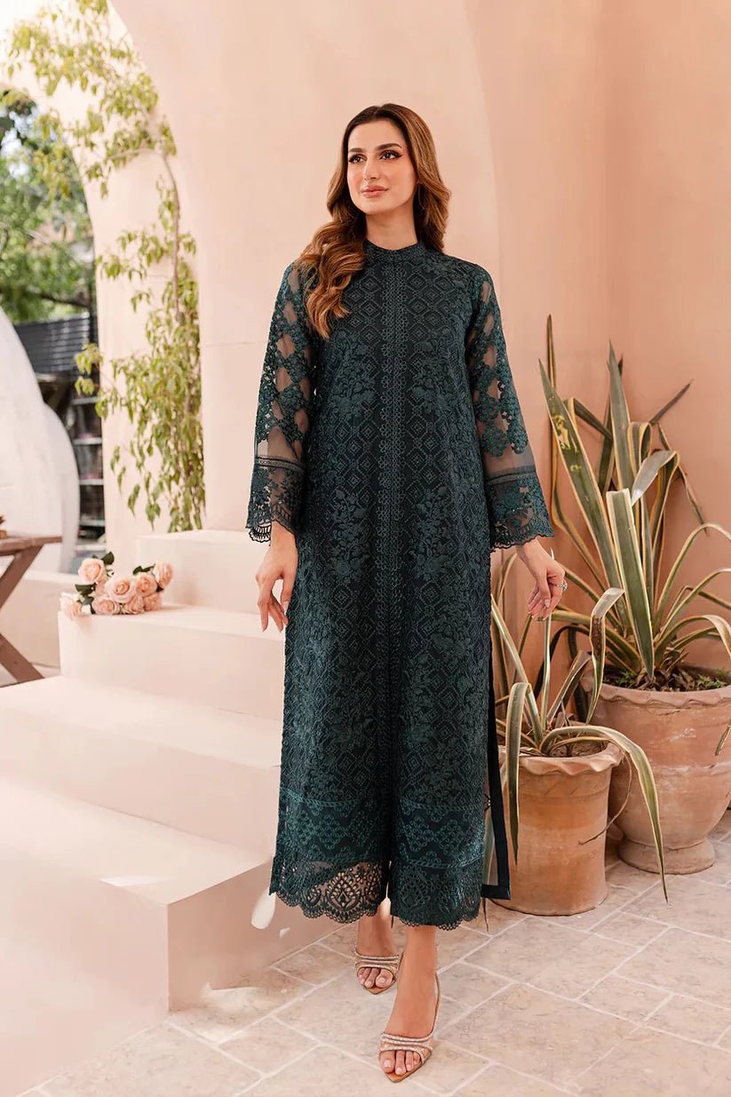Elegant Forest Green: Thread Embroidered Organza Suit | Ready To Wear