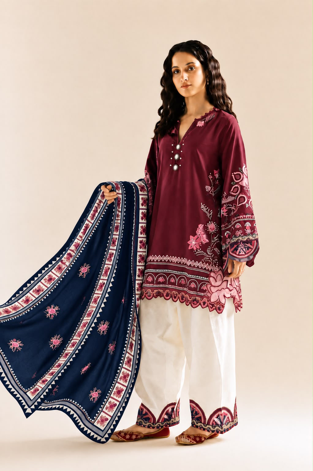 Ethnic Luxury Lawn 2026 – Heavy Embroidered 3-Piece Farshi Trouser Suit with Chiffon Digital Dupatta