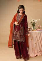 Rich Maroon - Short Kurta Set with Palazzo and Rust Dupatta | Ready To Wear