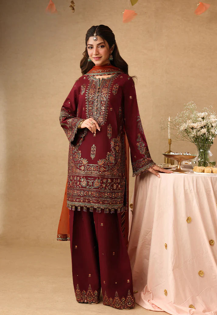 Rich Maroon - Short Kurta Set with Palazzo and Rust Dupatta | Ready To Wear