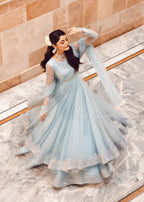 Ice Blue Illusion: Net Flared Embellished Maxi | Ready To Wear