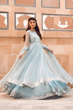 Ice Blue Illusion: Net Flared Embellished Maxi | Ready To Wear