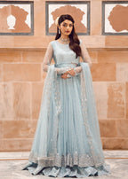 Ice Blue Illusion: Net Flared Embellished Maxi | Ready To Wear