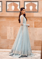 Ice Blue Illusion: Net Flared Embellished Maxi | Ready To Wear