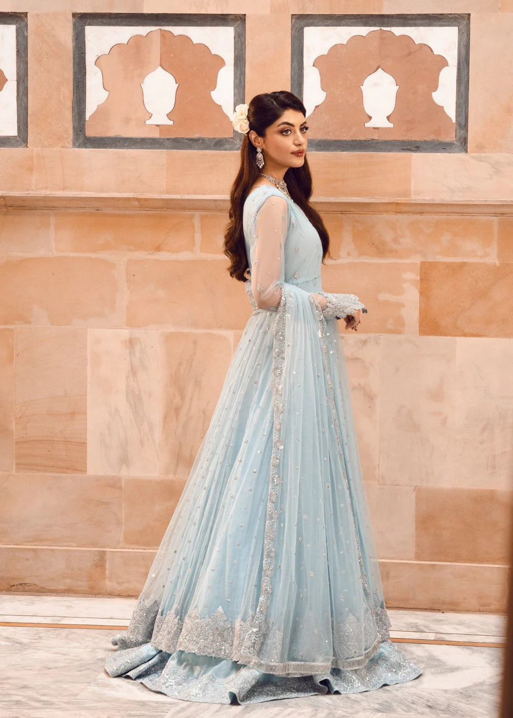 Ice Blue Illusion: Net Flared Embellished Maxi | Ready To Wear