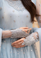 Ice Blue Illusion: Net Flared Embellished Maxi | Ready To Wear
