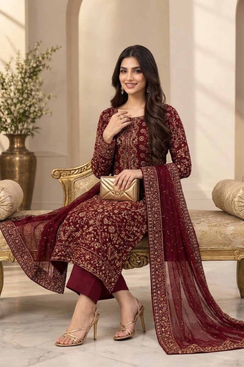 Maroon Shisha Silk 3-Piece suite  | Ready To Wear