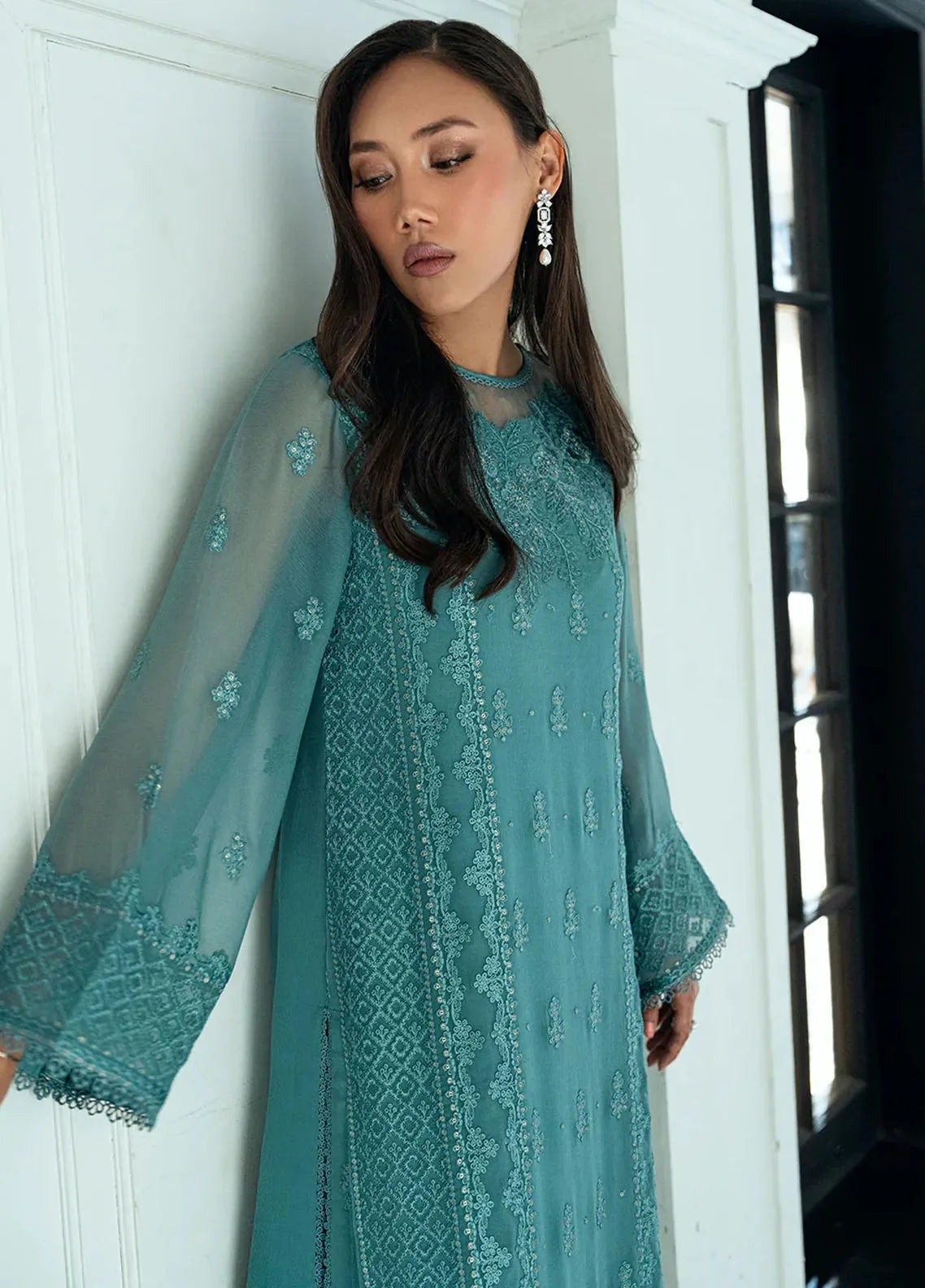 Aqua Serenade: Chiffon Suit With Sequin Embroidery | Ready To Wear