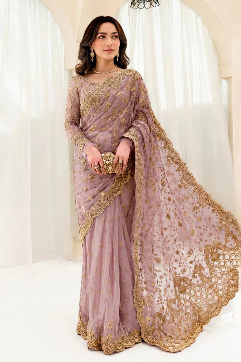The Gilded Lilac: Heavy Gold Embroidered Drape Saree