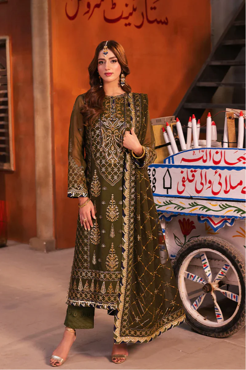Regal Olive: Chiffon Heavy Gold Sequined Embroidery | Ready To Wear