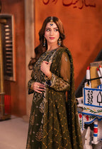 Regal Olive: Chiffon Heavy Gold Sequined Embroidery | Ready To Wear