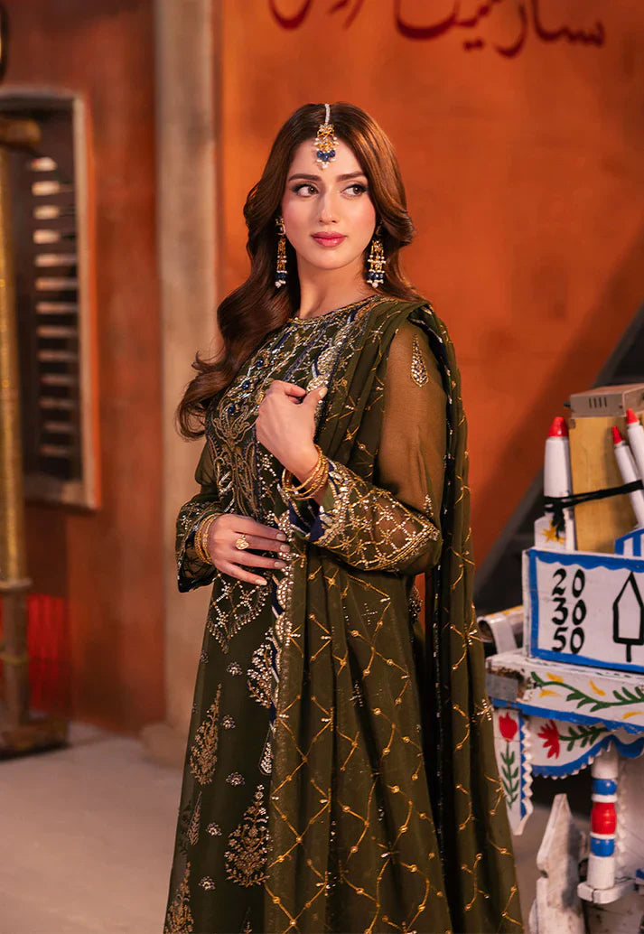 Regal Olive: Chiffon Heavy Gold Sequined Embroidery | Ready To Wear