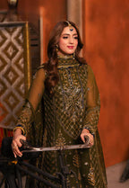 Regal Olive: Chiffon Heavy Gold Sequined Embroidery | Ready To Wear