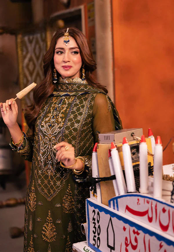 Regal Olive: Chiffon Heavy Gold Sequined Embroidery | Ready To Wear