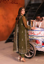Regal Olive: Chiffon Heavy Gold Sequined Embroidery | Ready To Wear