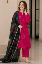 Fuchsia Pink: Embroidered Lawn Suit With Floral Printed Dupatta | Ready To Wear