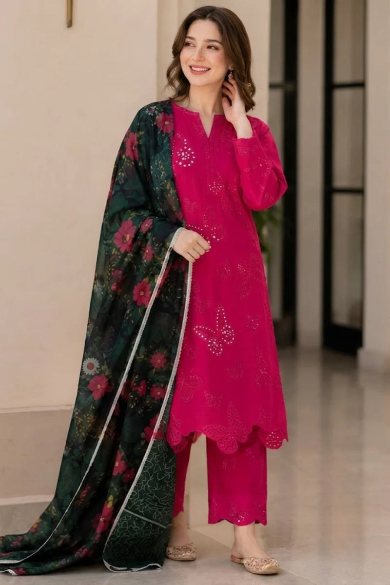 Fuchsia Pink: Embroidered Lawn Suit With Floral Printed Dupatta | Ready To Wear