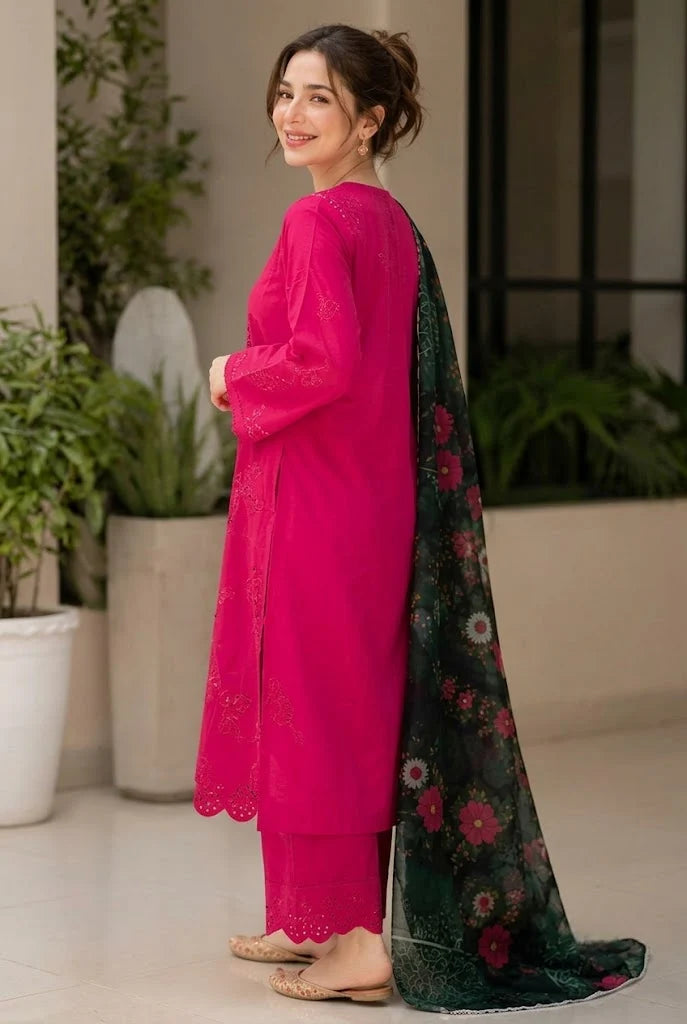 Fuchsia Pink: Embroidered Lawn Suit With Floral Printed Dupatta | Ready To Wear