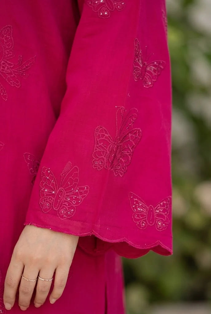 Fuchsia Pink: Embroidered Lawn Suit With Floral Printed Dupatta | Ready To Wear