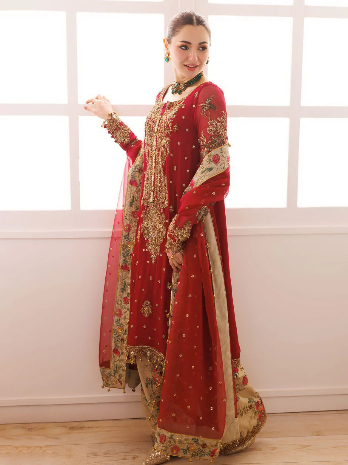 Bridal Red: Embroidered Chiffon Suit With Organza Dupatta | Ready To Wear