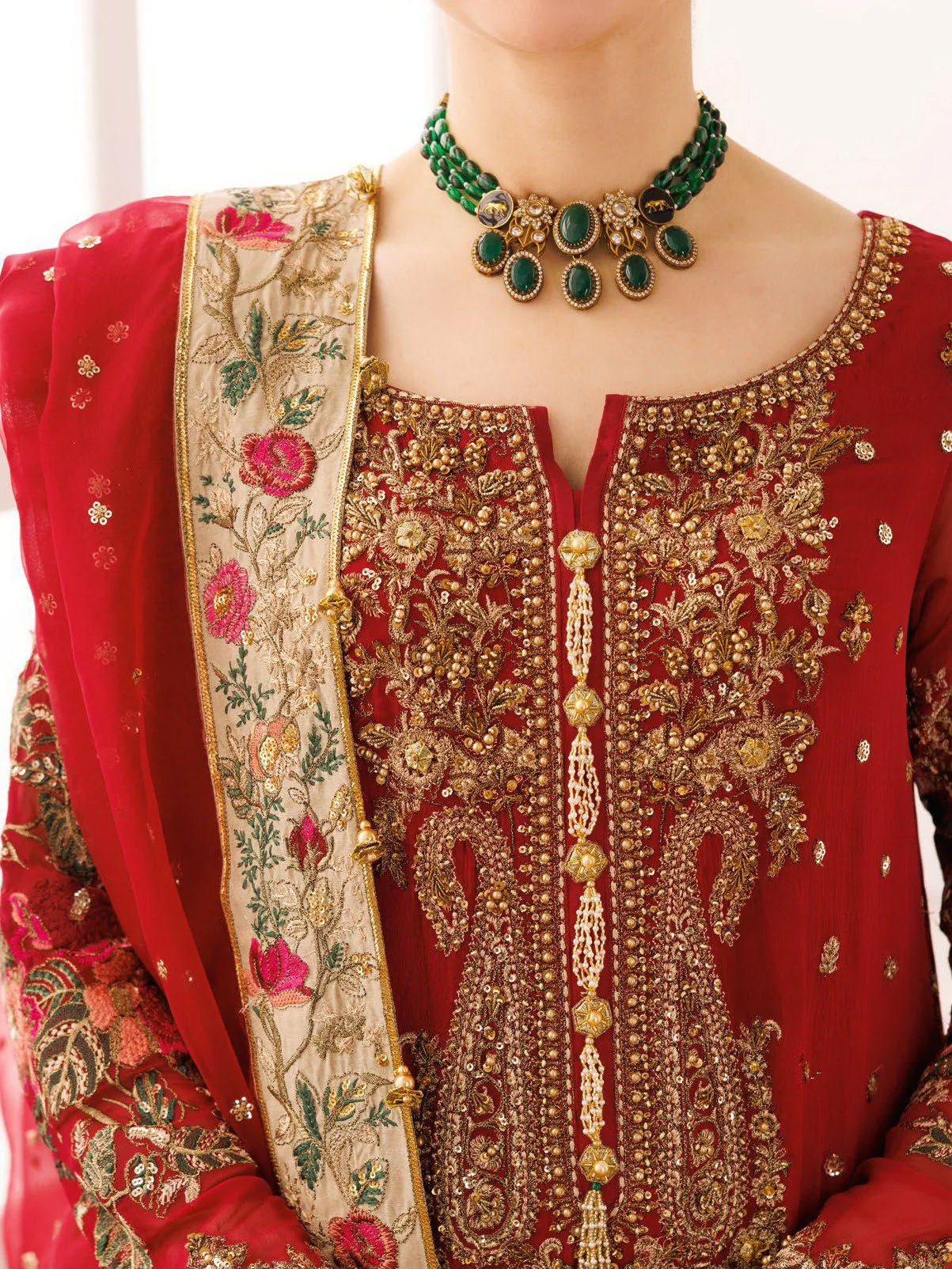 Bridal Red: Embroidered Chiffon Suit With Organza Dupatta | Ready To Wear