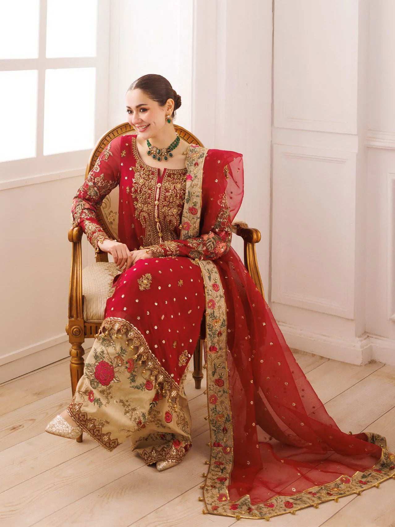 Bridal Red: Embroidered Chiffon Suit With Organza Dupatta | Ready To Wear