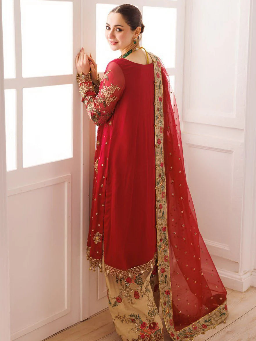 Bridal Red: Embroidered Chiffon Suit With Organza Dupatta | Ready To Wear