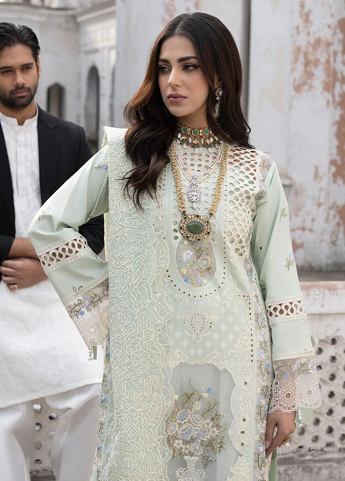 Seafoam Mint: Chikankari Embroidered Lawn Suit With Khaddi Net Dupatta | Ready To Wear