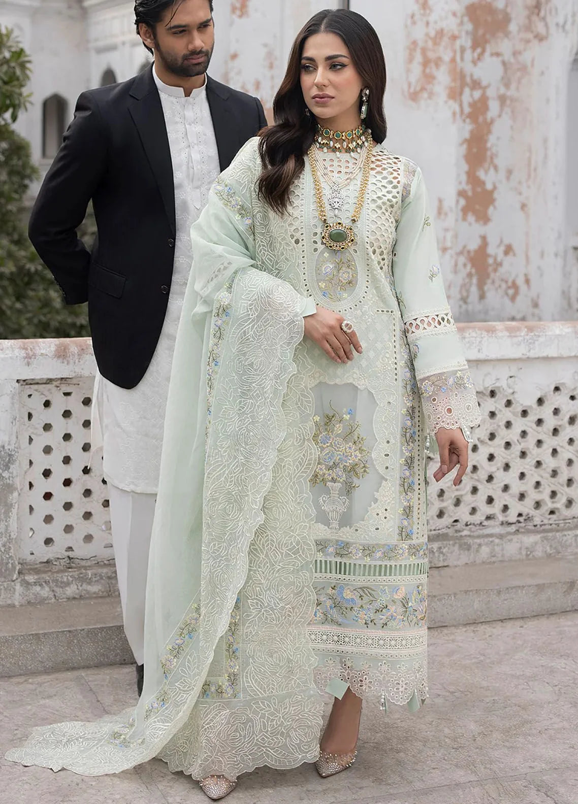 Seafoam Mint: Chikankari Embroidered Lawn Suit With Khaddi Net Dupatta | Ready To Wear