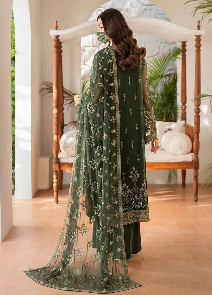 Olive Moss Green & Antique Gold: Embroidered Chiffon Suit | Ready To Wear