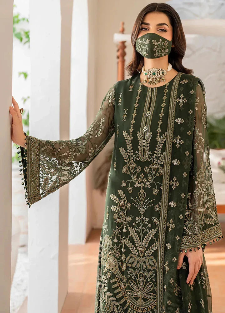 Olive Moss Green & Antique Gold: Embroidered Chiffon Suit | Ready To Wear