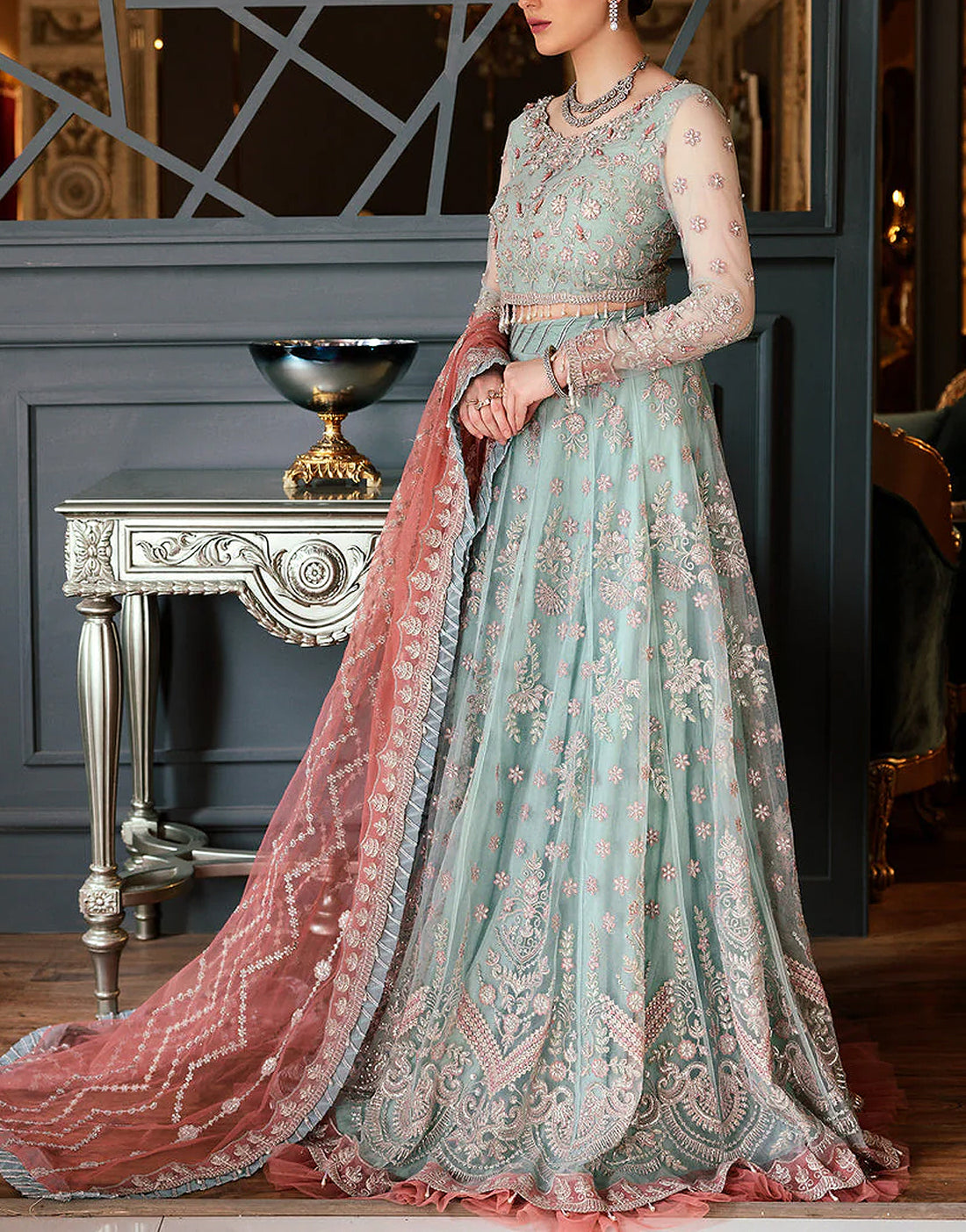 Luxury Net Bridal Ensemble with Heavy Embroidery & Handwork