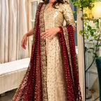 Shimmering Gold & Deep Maroon Embroidered 03-Piece Suit | Ready To Wear