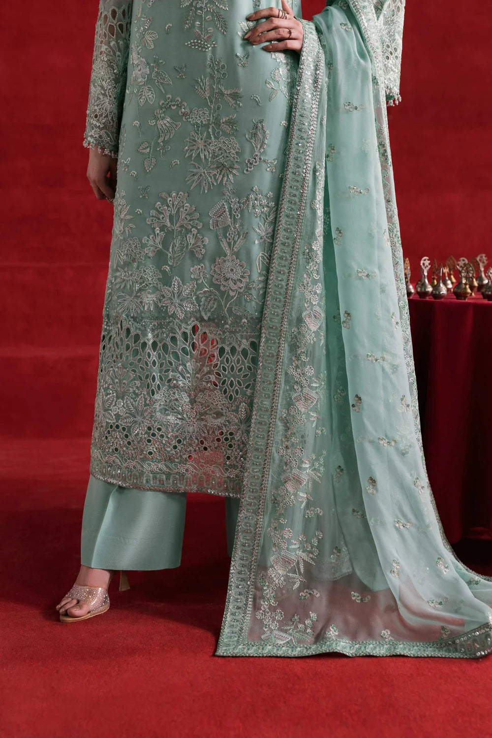 Ethereal Ice Mint Serenade: EMbroidered Chiffon Suit | Ready To Wear