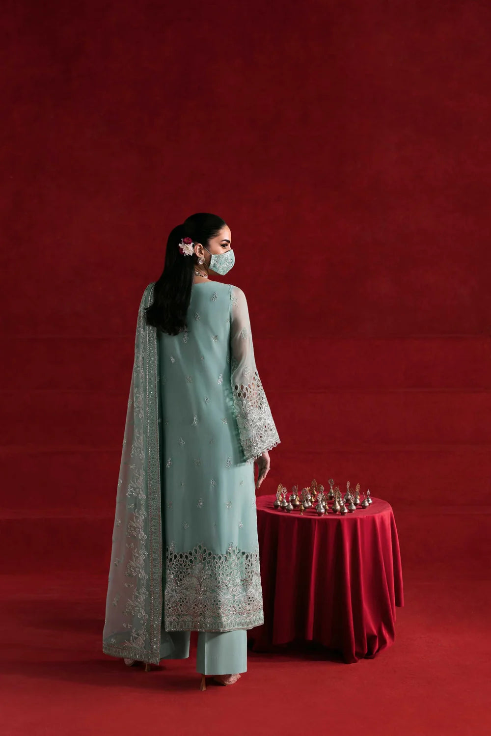 Ethereal Ice Mint Serenade: EMbroidered Chiffon Suit | Ready To Wear