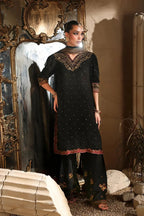 Onyx Black & Metallic Gold: Embroidered Chiffon Suit | Ready To Wear