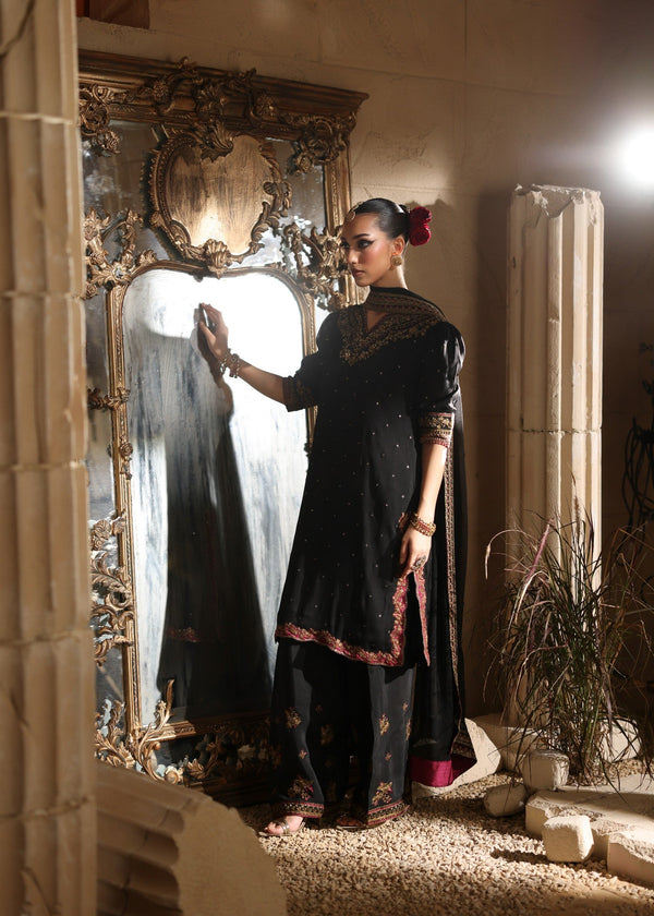 Onyx Black & Metallic Gold: Embroidered Chiffon Suit | Ready To Wear