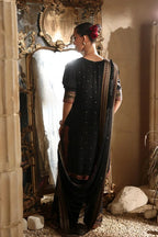 Onyx Black & Metallic Gold: Embroidered Chiffon Suit | Ready To Wear