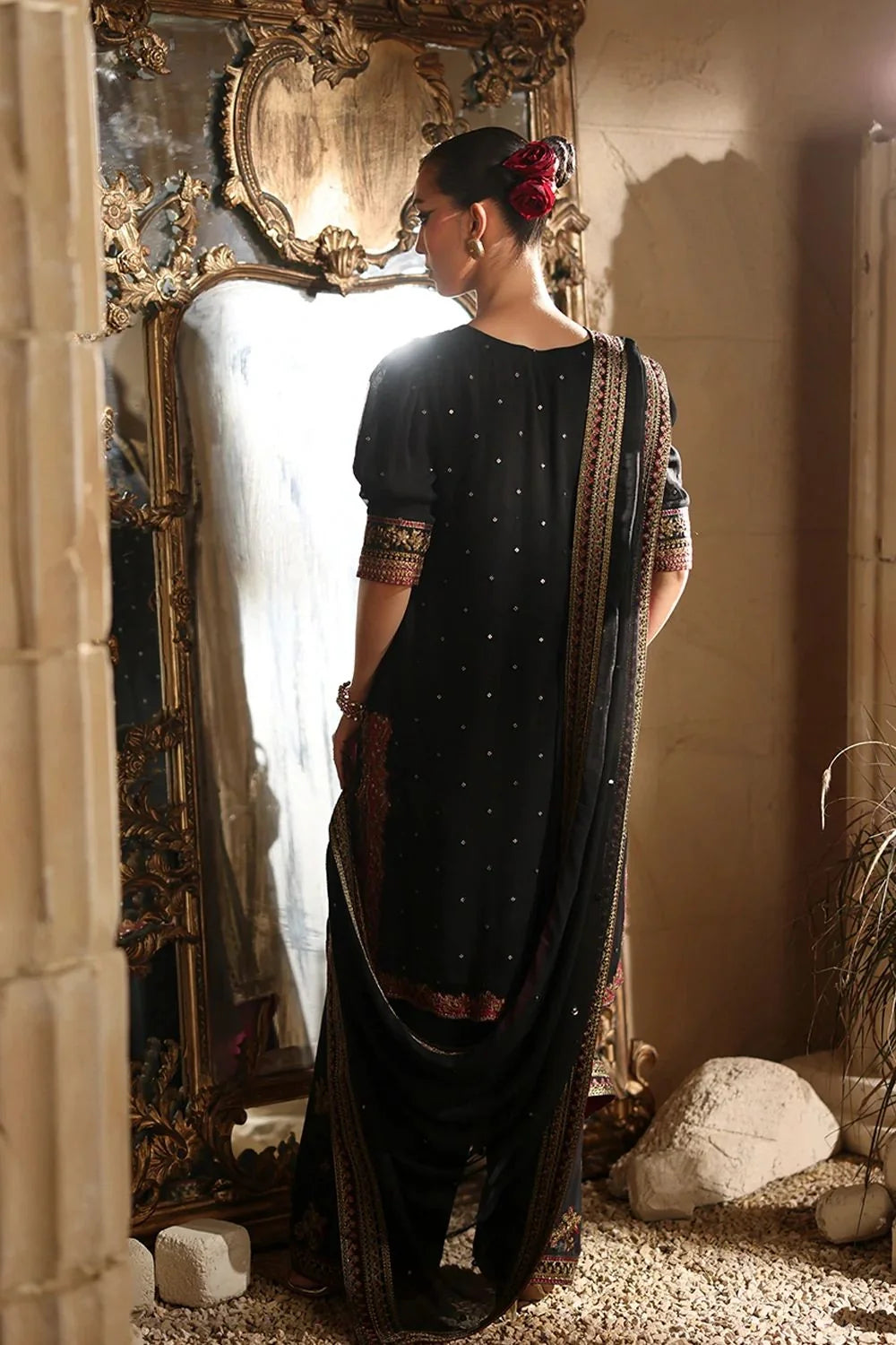 Onyx Black & Metallic Gold: Embroidered Chiffon Suit | Ready To Wear