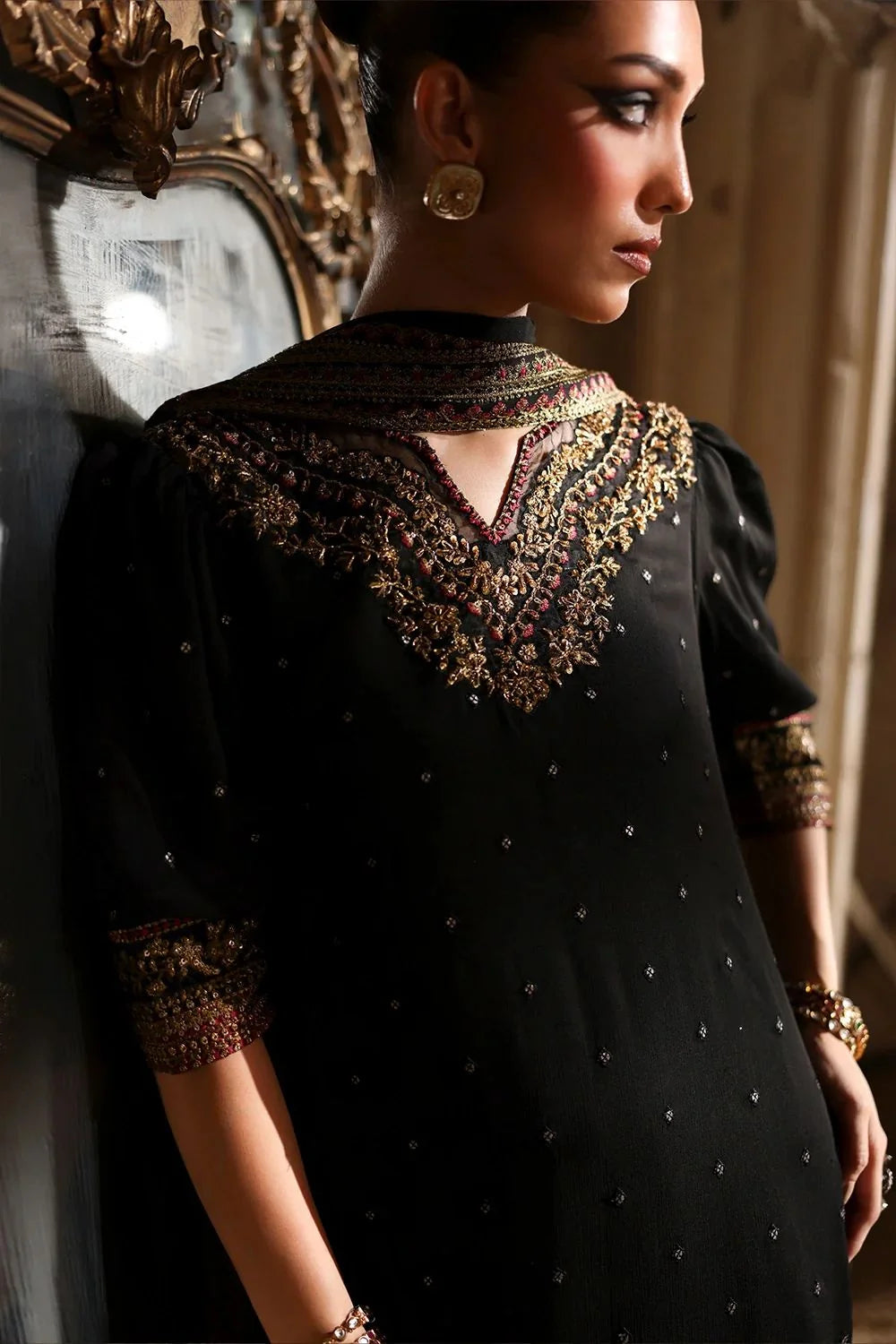 Onyx Black & Metallic Gold: Embroidered Chiffon Suit | Ready To Wear