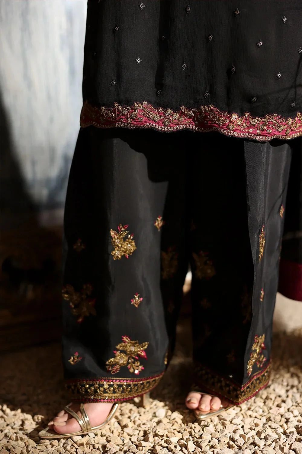 Onyx Black & Metallic Gold: Embroidered Chiffon Suit | Ready To Wear