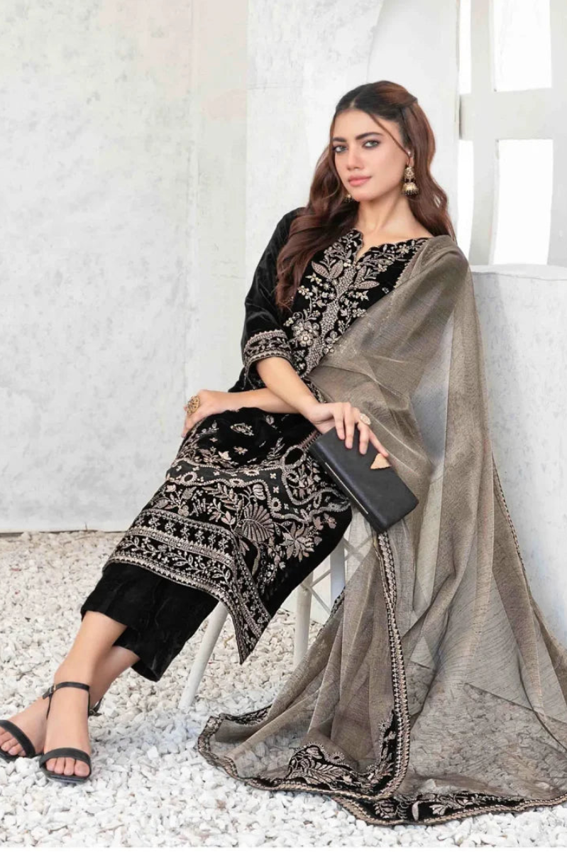 Black Velvet Suit with Mysoori Dupatta 3piece suite | Ready To Wear