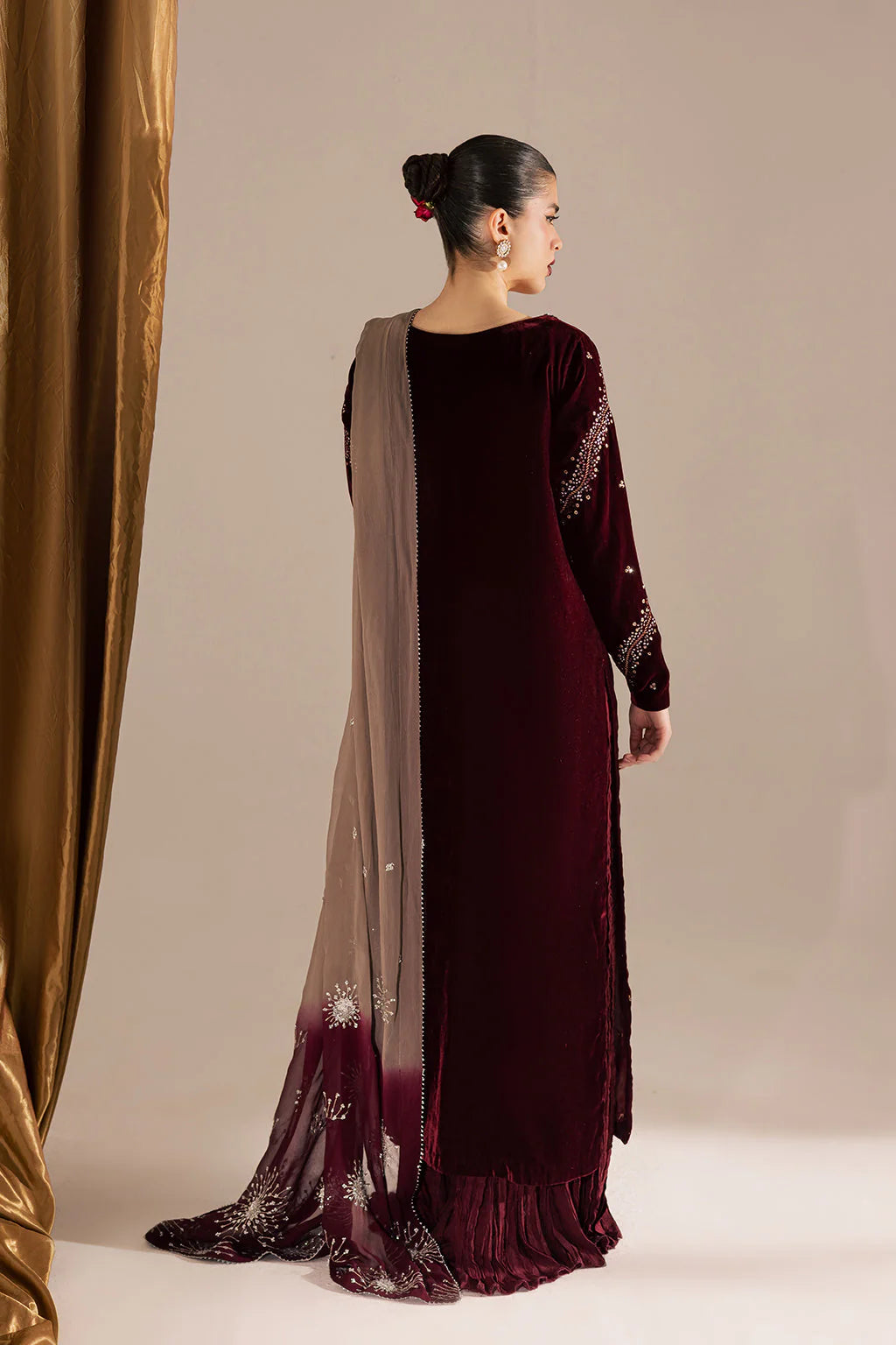 03-Piece Embroidered Velvet Suit With Tie & Dye Dupatta | Ready To Wear