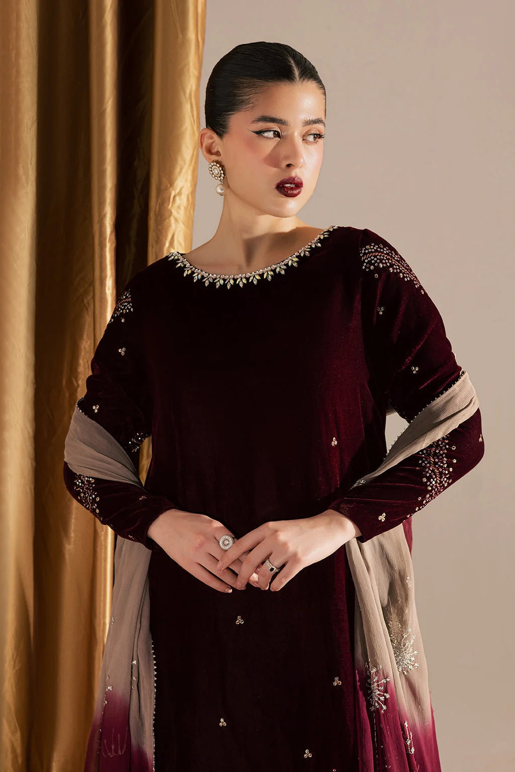 03-Piece Embroidered Velvet Suit With Tie & Dye Dupatta | Ready To Wear