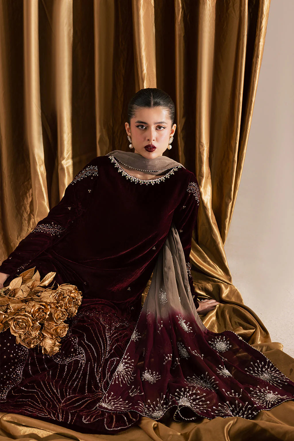 03-Piece Embroidered Velvet Suit With Tie & Dye Dupatta | Ready To Wear