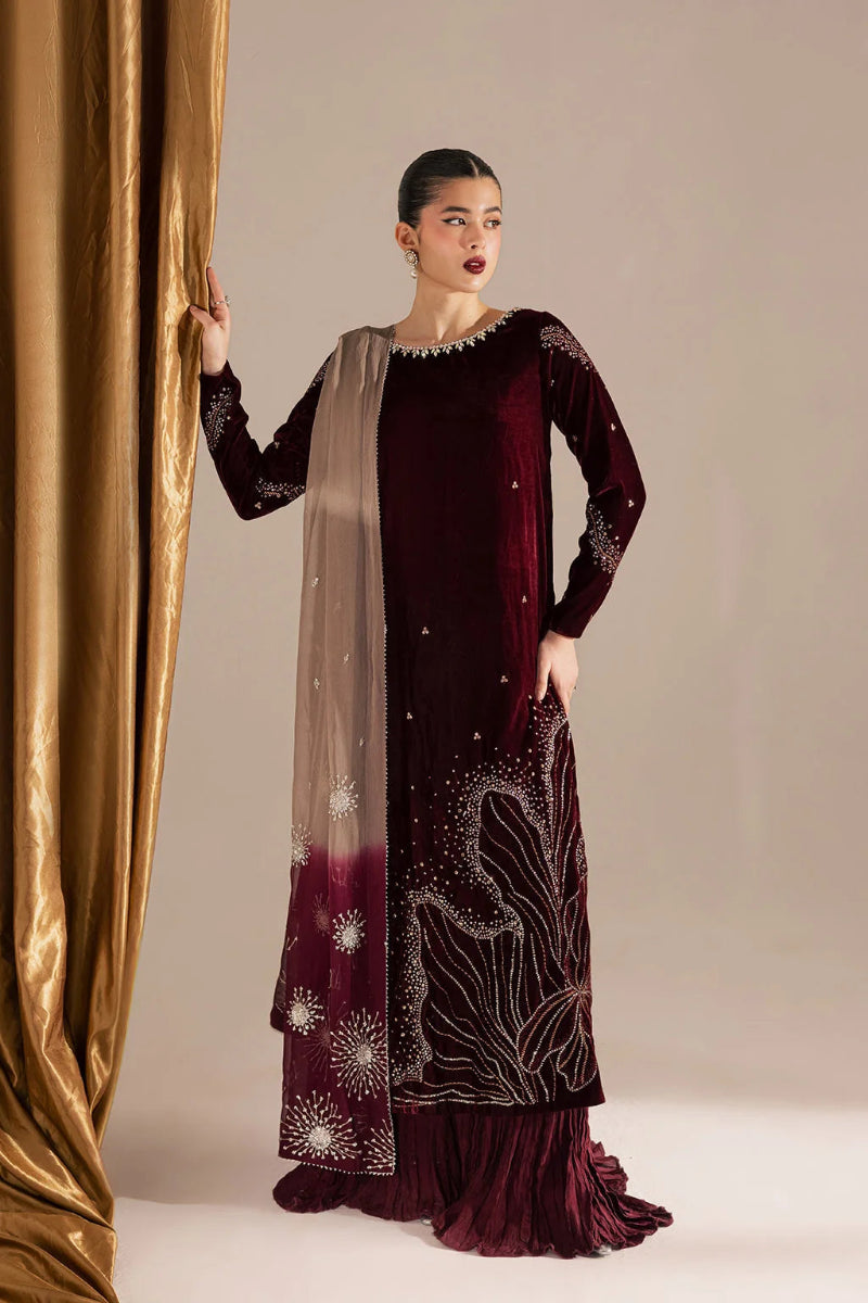 03-Piece Embroidered Velvet Suit With Tie & Dye Dupatta | Ready To Wear