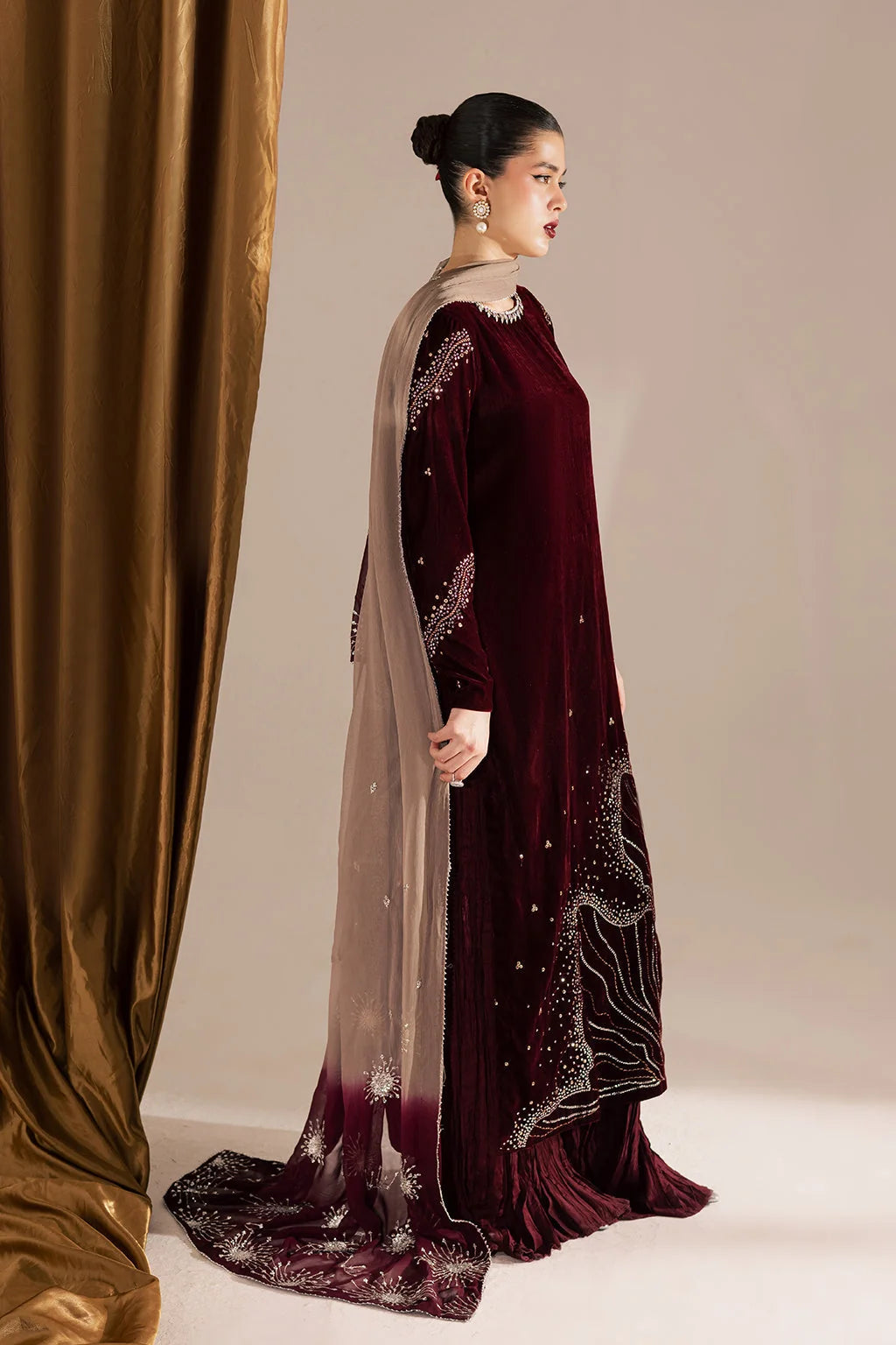 03-Piece Embroidered Velvet Suit With Tie & Dye Dupatta | Ready To Wear