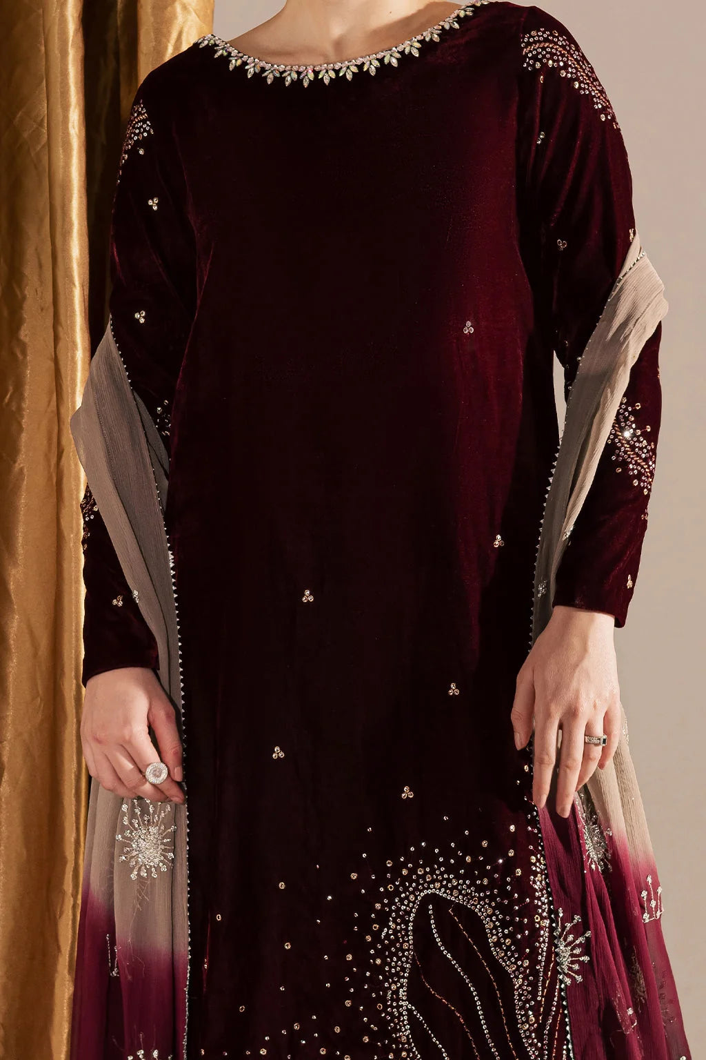 03-Piece Embroidered Velvet Suit With Tie & Dye Dupatta | Ready To Wear
