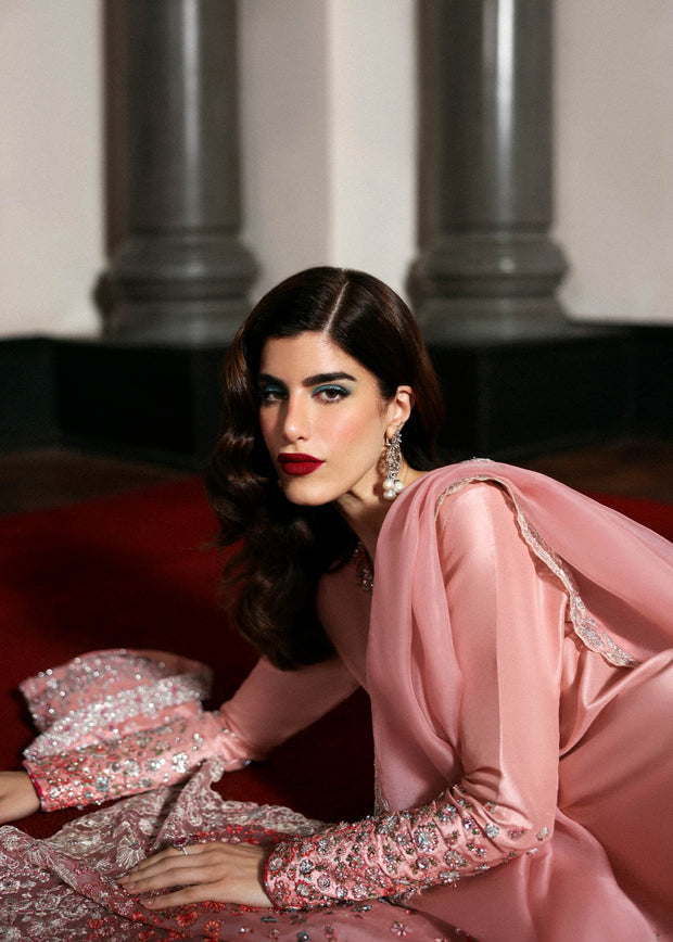 Blush Pink 03-Piece Embroidered Raw Silk Suit - Ready To Wear