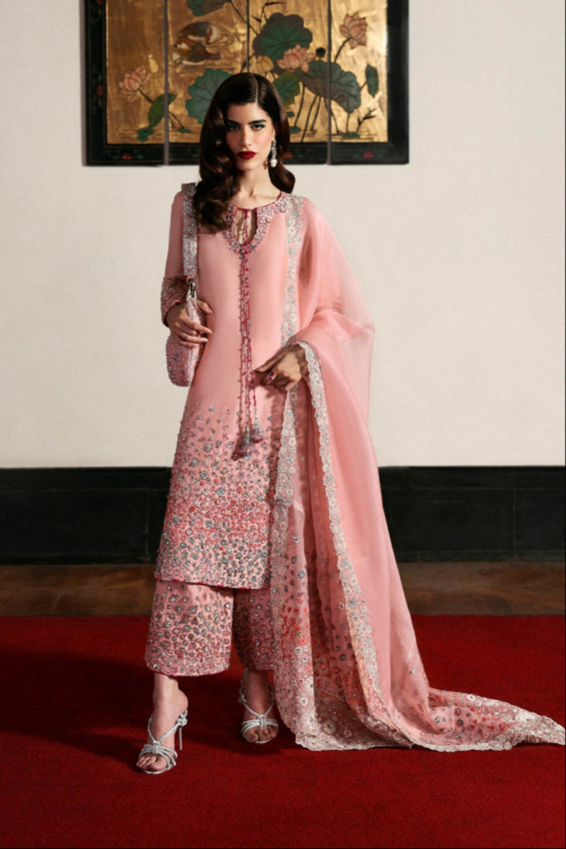 Blush Pink 03-Piece Embroidered Raw Silk Suit - Ready To Wear